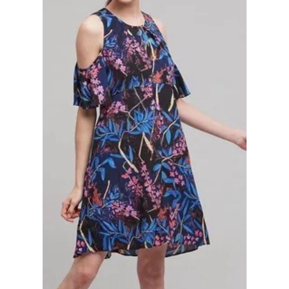$138 Anthropologie Maeve Elia Cold Shoulder Dress 8‎ black blue floral